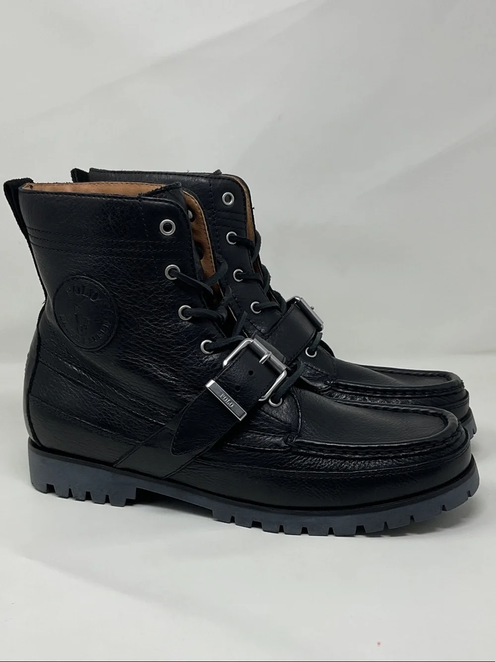 Polo Ralph Lauren Men's Black Leather Lace-Up Buckle Boots